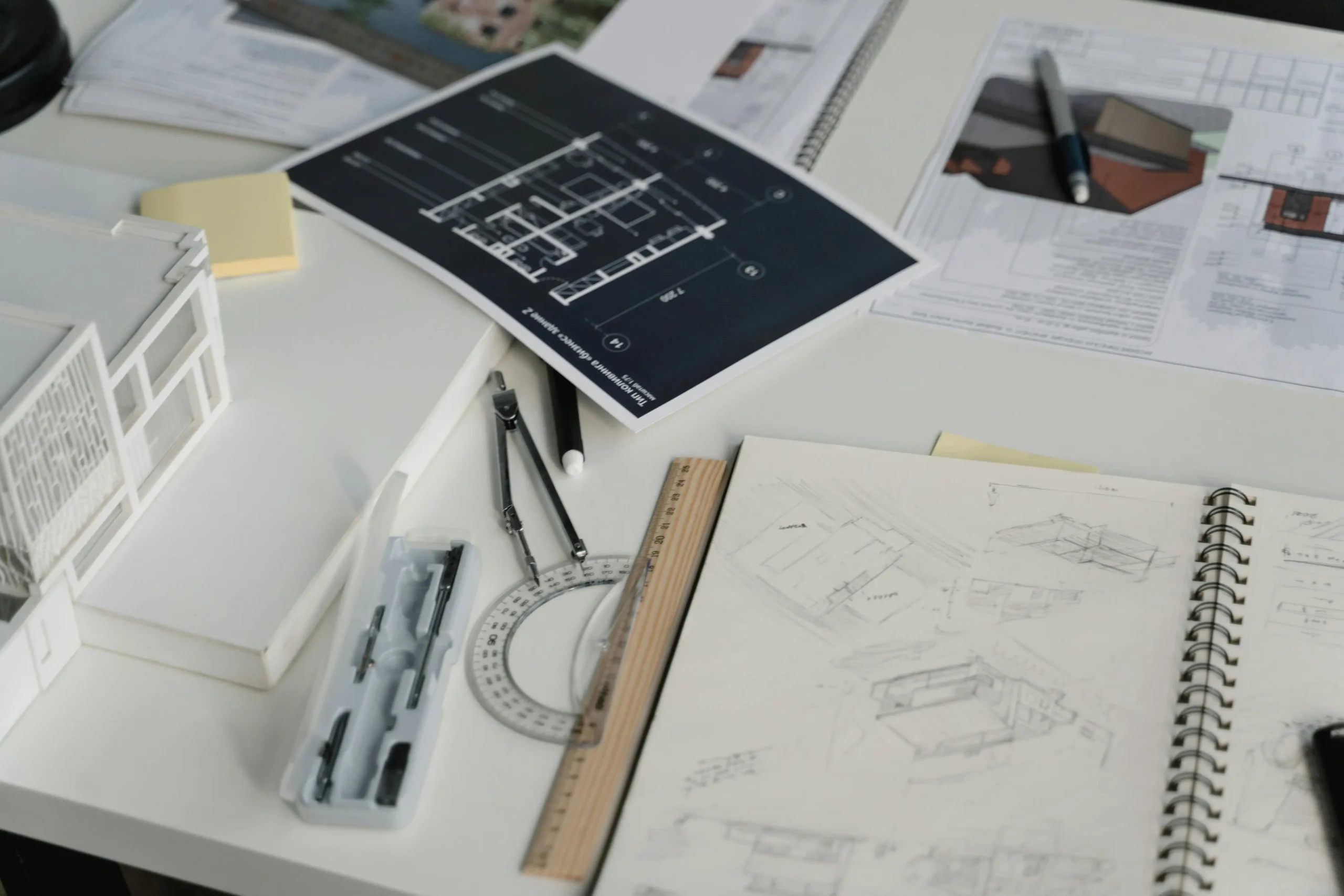 Architectural blueprints and design sketches on a table, featuring a 3D model and drafting tools for building planning.