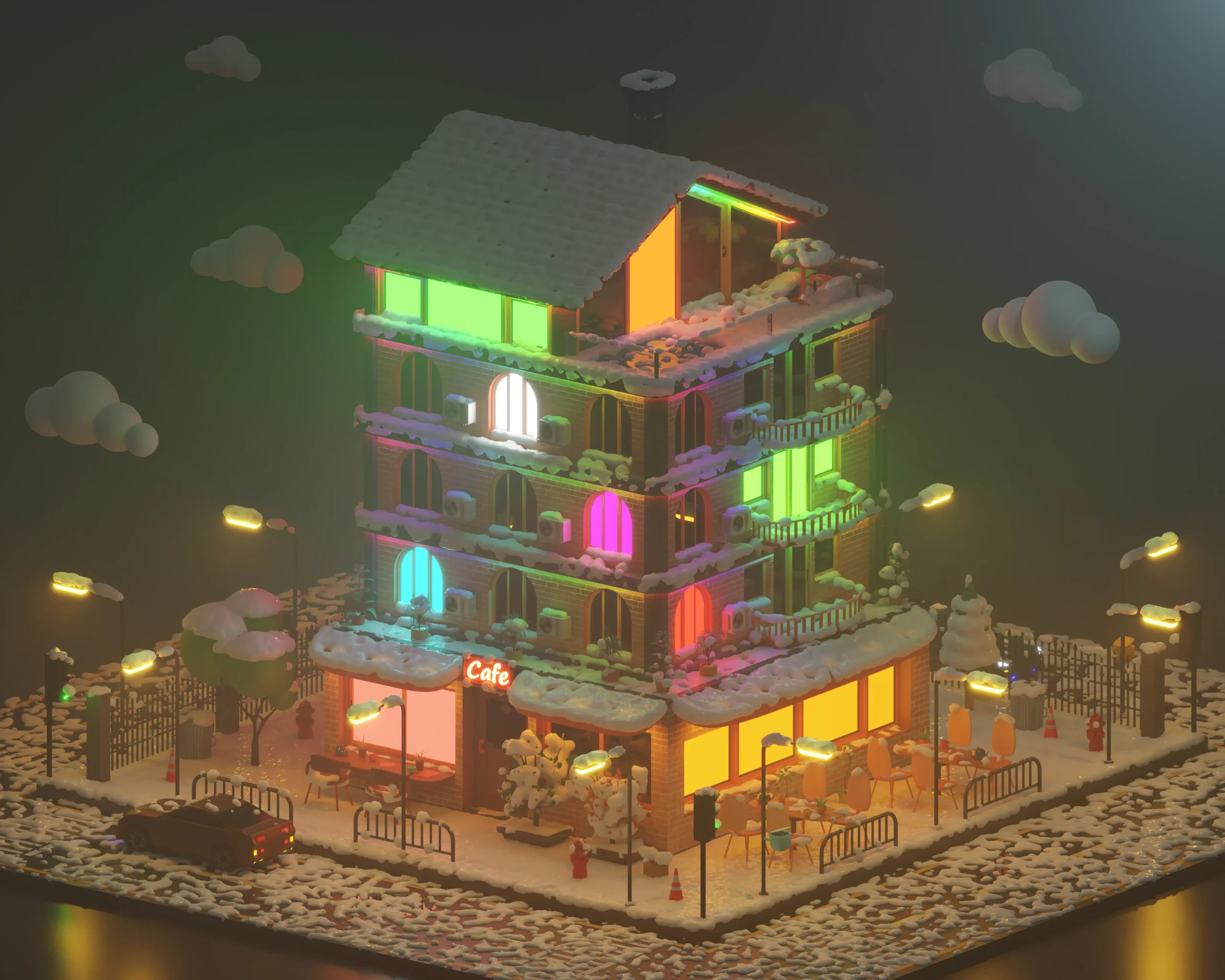 A 3D rendering of a vibrant café building with colorful lights, snowy surroundings, and festive decorations.