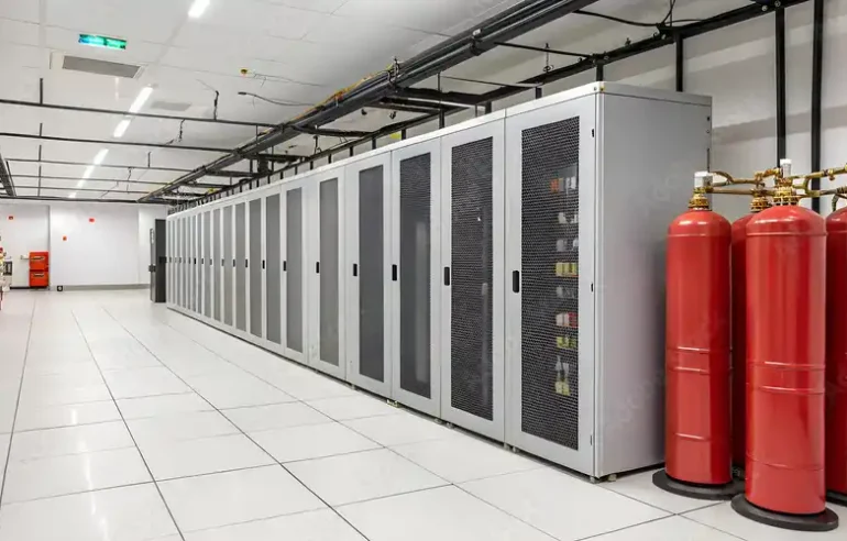 A row of server cabinets in a data center with red fire extinguishers on the side.