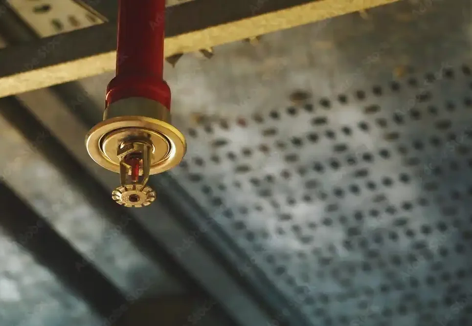 Close-up of a red fire sprinkler head mounted on a ceiling with a metal plate in the background.