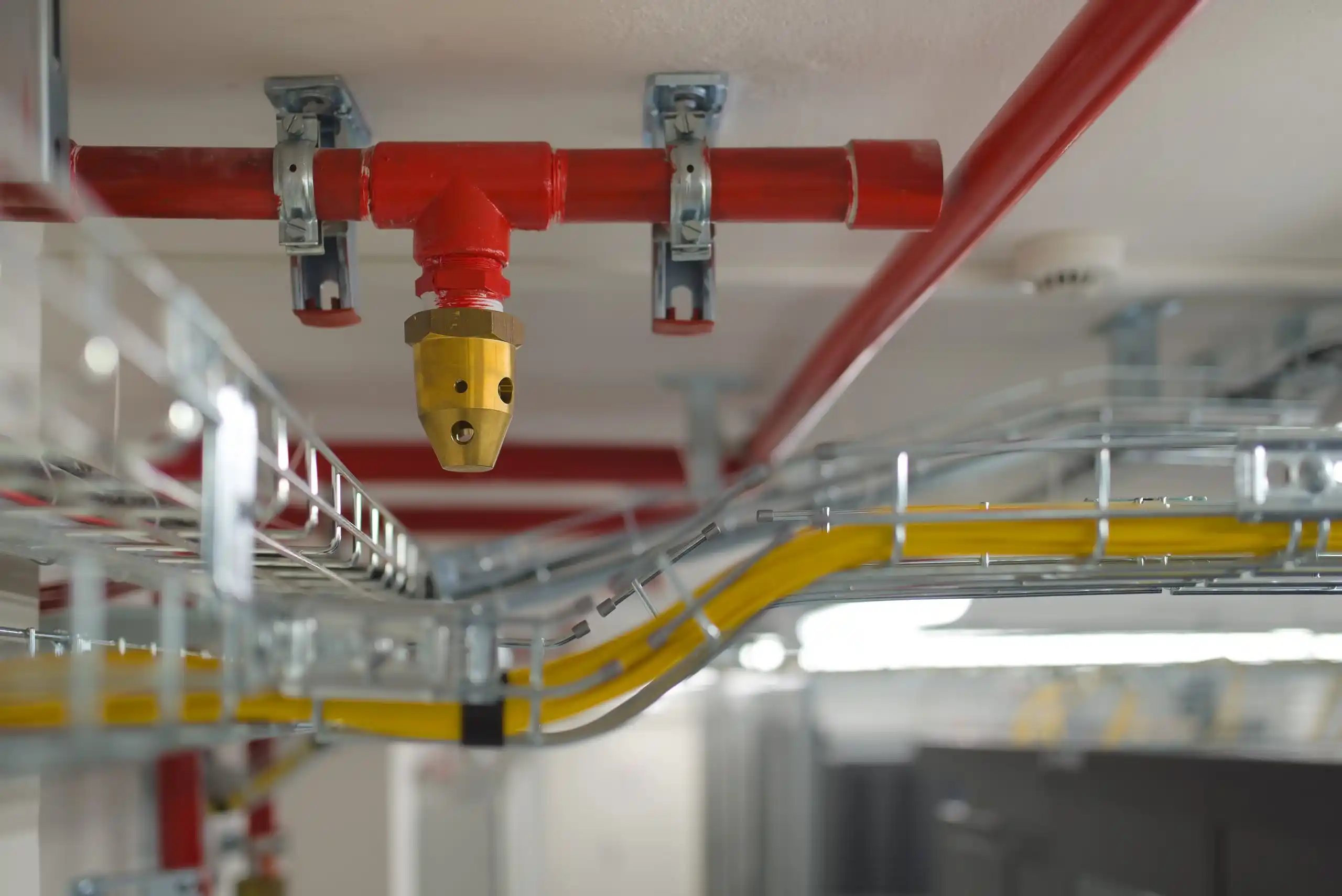 Close-up of a red pipe with a yellow cable running beneath it, featuring a brass valve in an industrial setting