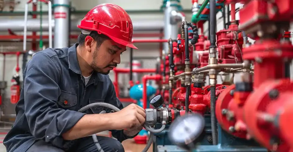 A worker in a red helmet inspects machinery in an industrial setting with red pumps and pipes.