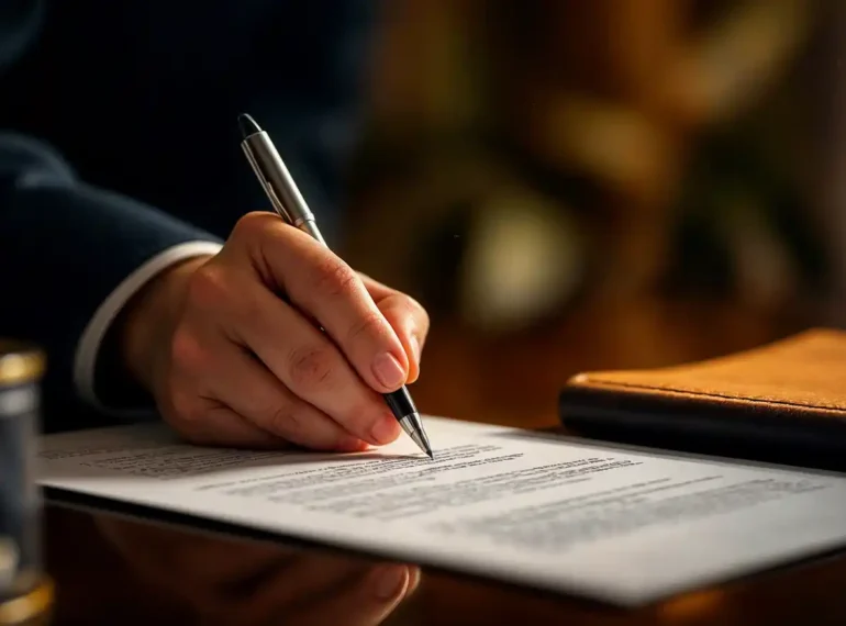 Close-up of a hand signing a document with a pen, with a notebook and a cup in the background.
