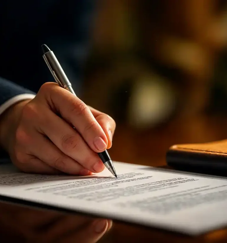 Close-up of a hand signing a document with a pen, with a notebook and a cup in the background.
