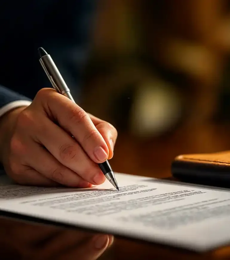 Close-up of a hand signing a document with a pen, with a notebook and a cup in the background.