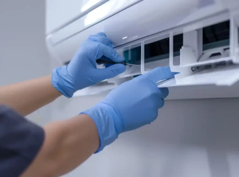 A technician wearing blue gloves cleaning or maintaining an air conditioning unit