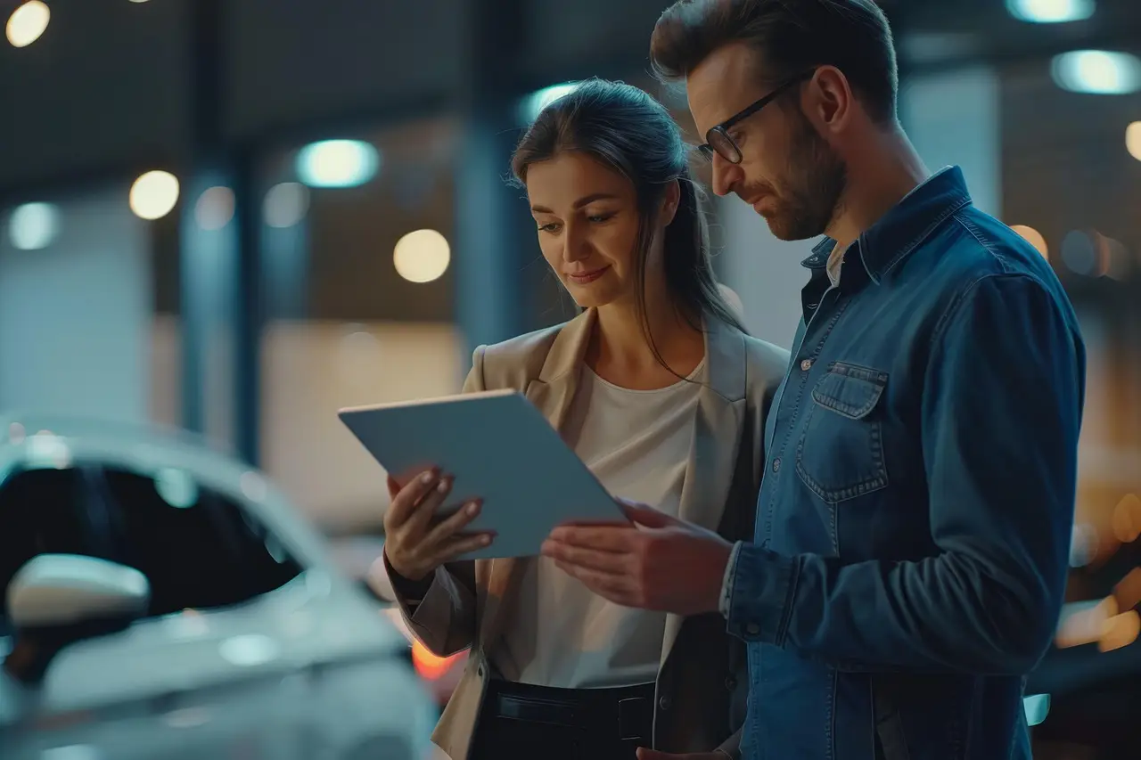 A man and a woman reviewing information on a tablet together in a modern, illuminated setting, likely in a car showroom.