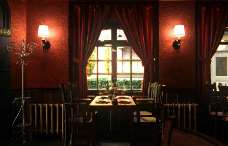 A warm and inviting restaurant interior featuring a well-set dining table with elegant red curtains and soft lighting, creating a perfect ambiance for a comfortable dining experience.