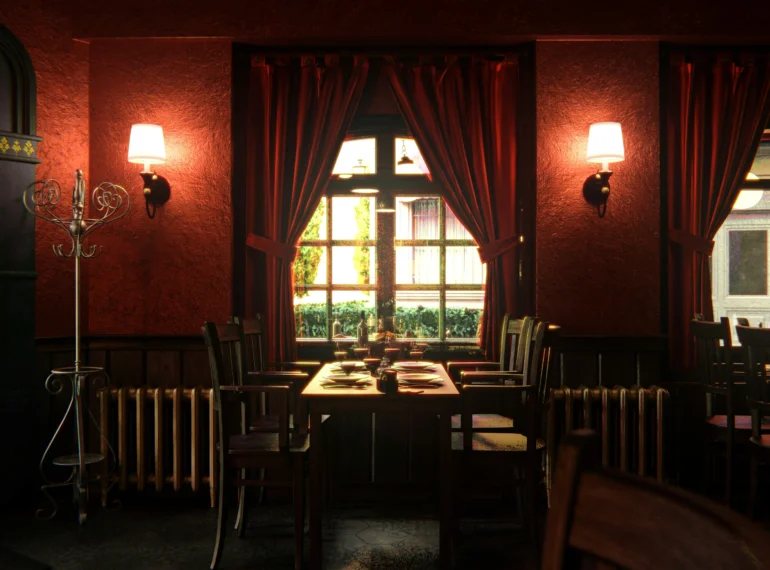 A warm and inviting restaurant interior featuring a well-set dining table with elegant red curtains and soft lighting, creating a perfect ambiance for a comfortable dining experience.