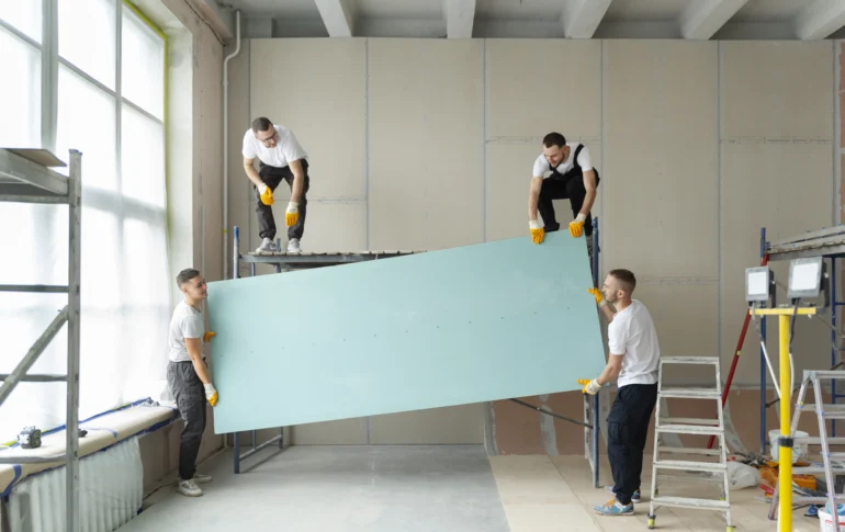 A team of professional workers collaborating to install drywall during a restaurant renovation project, ensuring high-quality space transformation.
