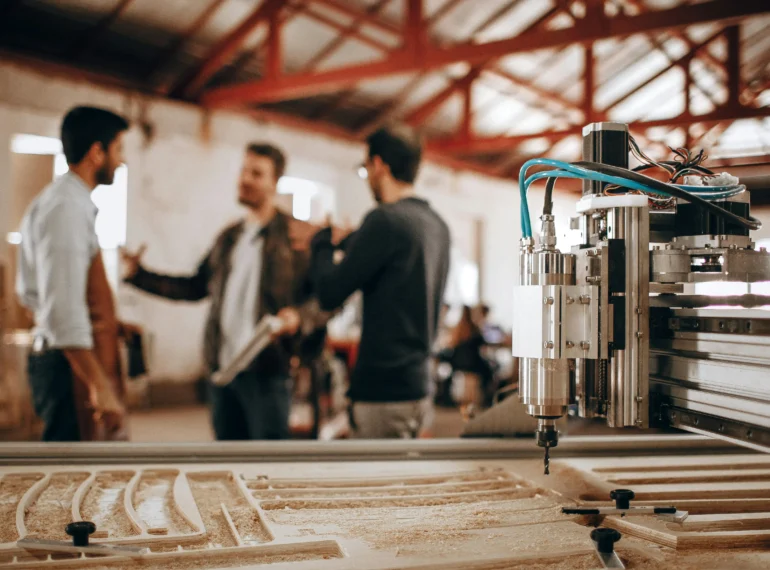 A team of professionals discussing plans while a CNC machine is actively working on a restaurant kitchen equipment project, highlighting the precision and technology used in custom restaurant renovations.