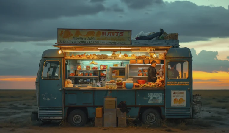 A colorful food truck illuminated at dusk, offering a variety of delicious snacks and meals, ideal for mobile restaurant services and catering to events or gatherings.