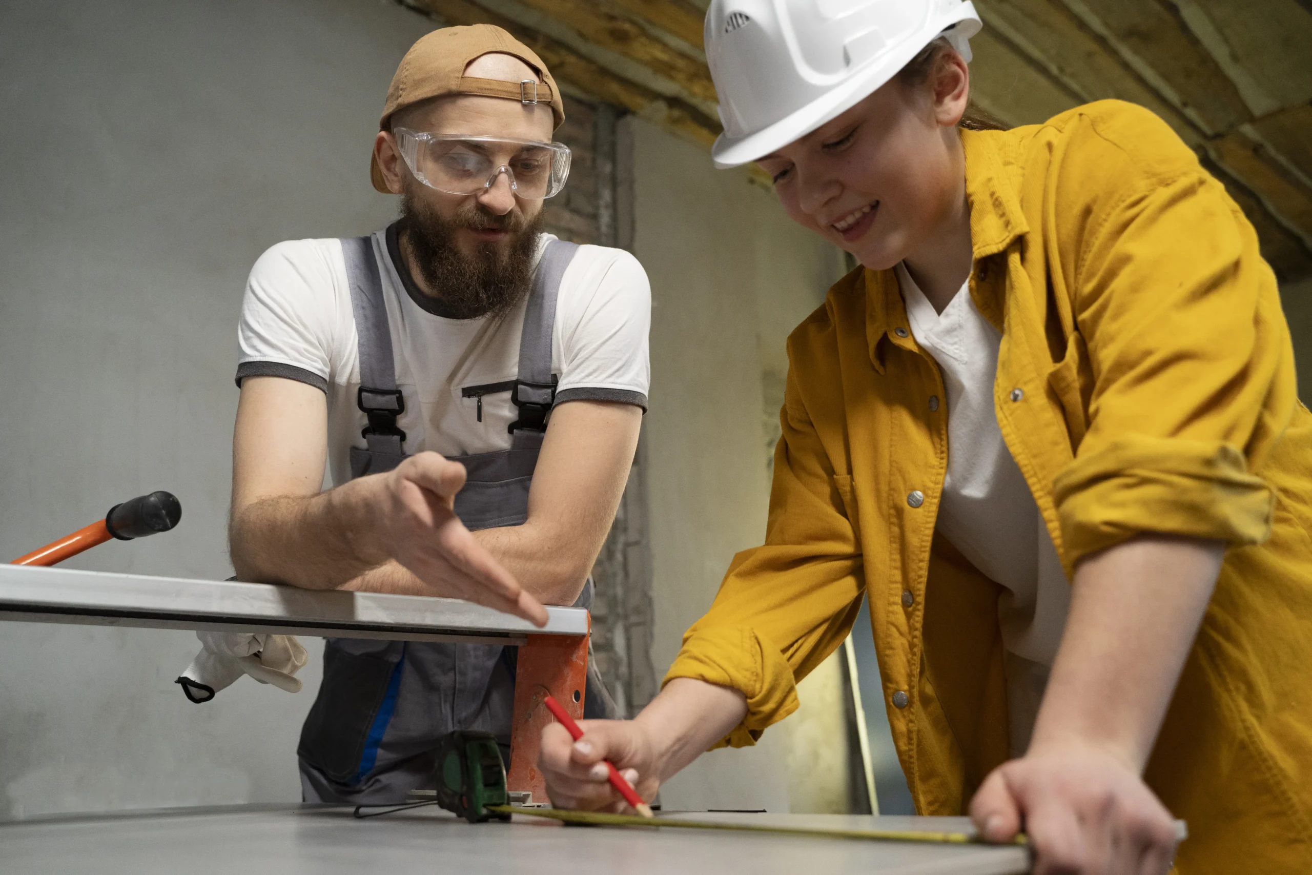 Two workers measuring and marking surfaces for restaurant renovations, ensuring accurate cuts and installations for a professional and efficient transformation of the space.