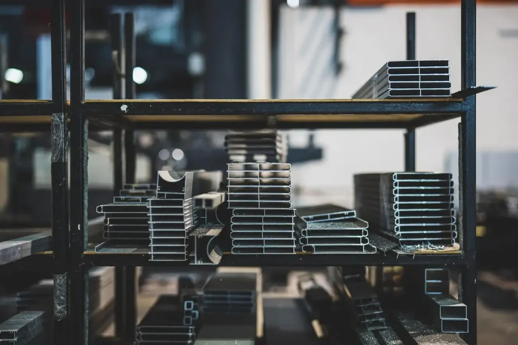 A well-organized shelf displaying metal components, ready to be used in the construction of custom kitchen equipment and fixtures for restaurant renovation projects.