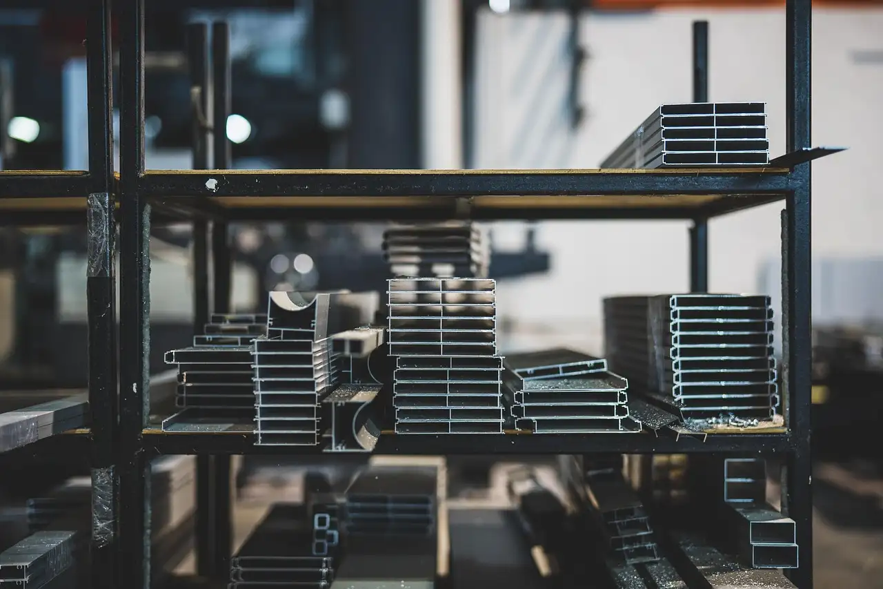 A well-organized shelf displaying metal components, ready to be used in the construction of custom kitchen equipment and fixtures for restaurant renovation projects.