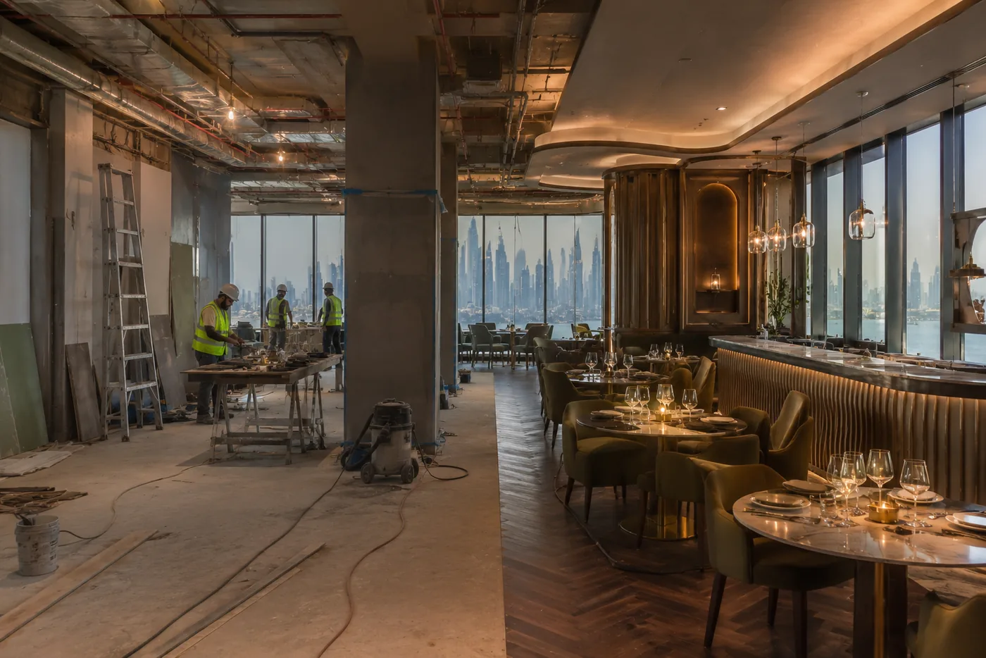 Upscale restaurant interior mid fit-out in Dubai