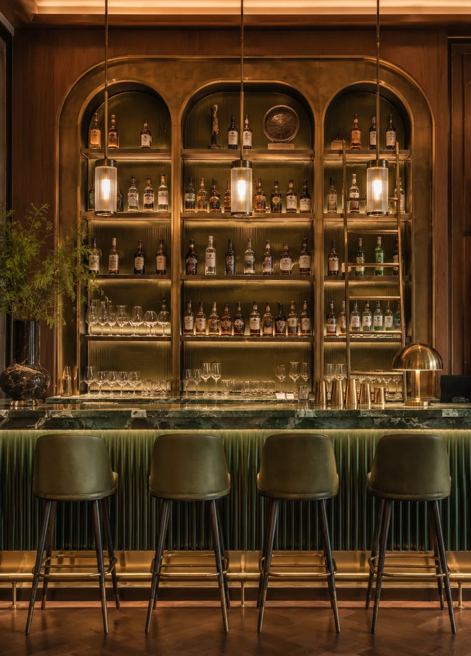Premium restaurant feature wall in olive green and brass